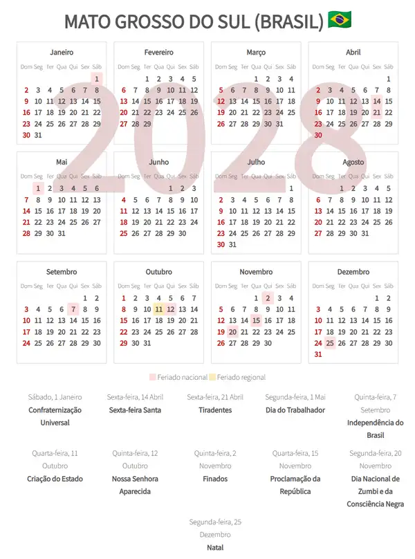 Calendário Laboral 2028, Mato grosso do sul (Brasil)