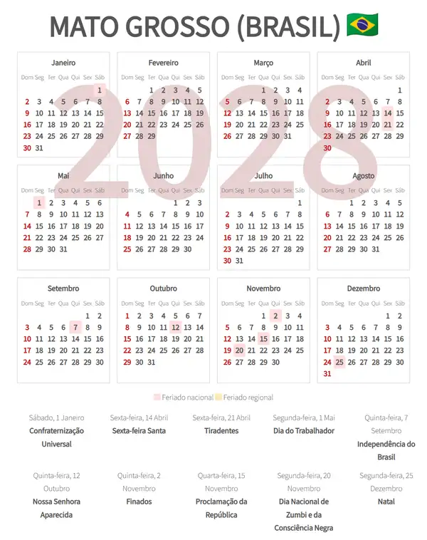 Calendário Laboral 2028, Mato grosso (Brasil)