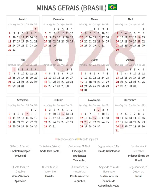 Calendário Laboral 2028, Minas gerais (Brasil)