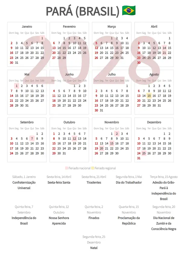 Calendário Laboral 2028, Pará (Brasil)