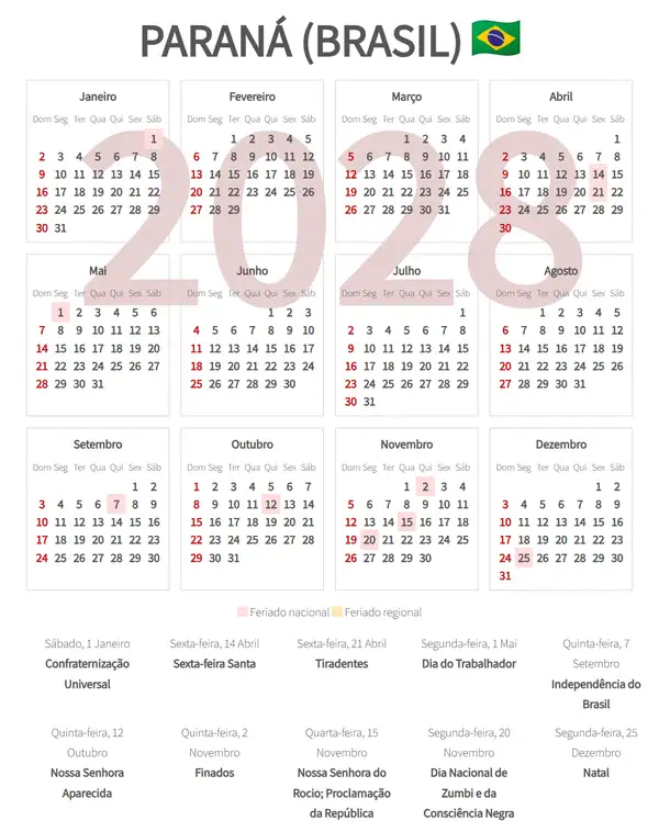 Calendário Laboral 2028, Paraná (Brasil)
