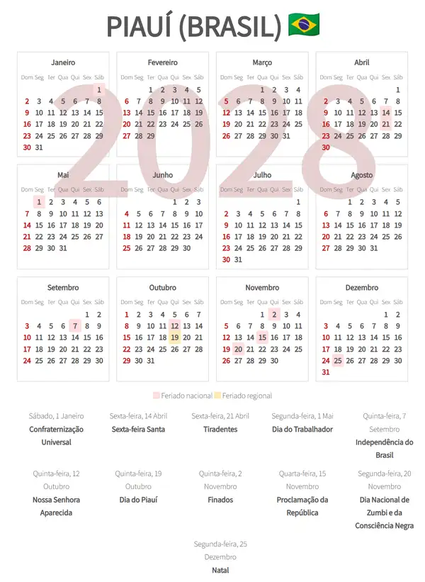 Calendário Laboral 2028, Piauí (Brasil)