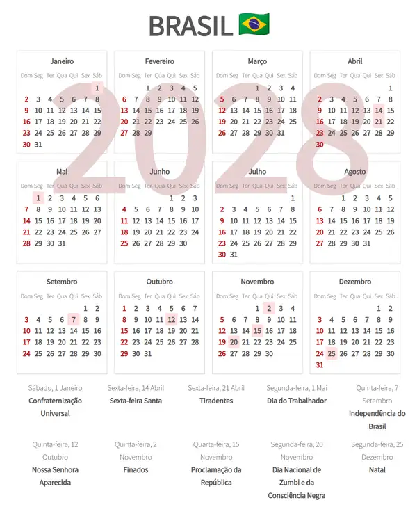 Calendário Laboral 2028 de Brasil