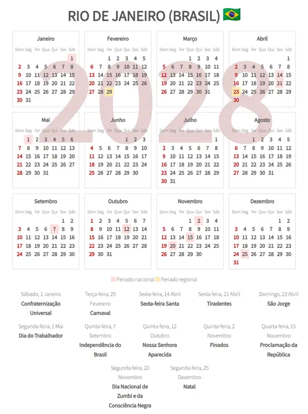 Calendário Laboral 2028, Rio de janeiro (Brasil)