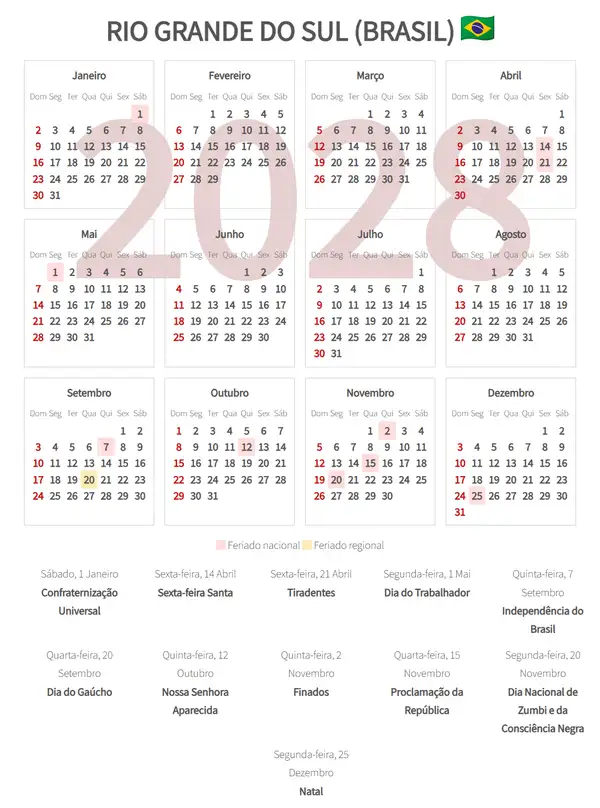Calendário Laboral 2028, Rio grande do sul (Brasil)
