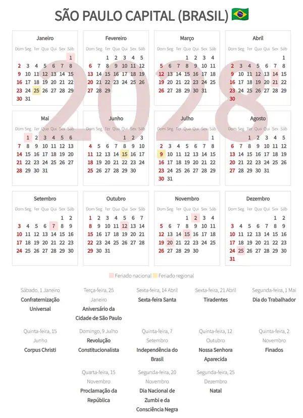 Calendário Laboral 2028, São paulo capital (Brasil)