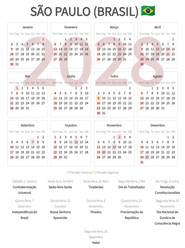 Calendário Laboral 2028, São paulo (Brasil)