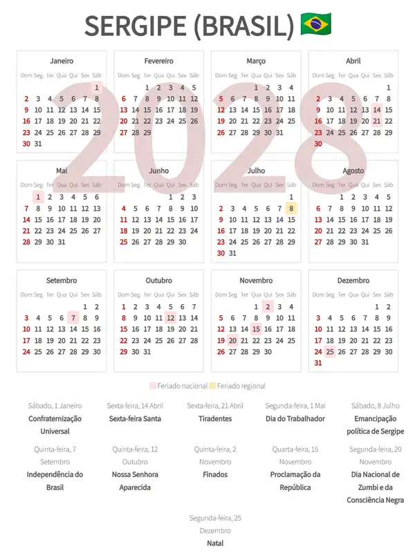 Calendário Laboral 2028, Sergipe (Brasil)