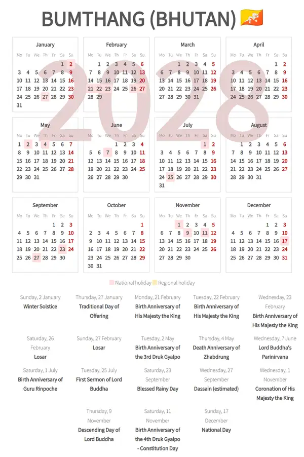 Work Calendar 2028, Bumthang (Bhutan)