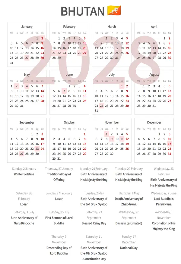 Work Calendar 2028, Bhutan - Public Holidays