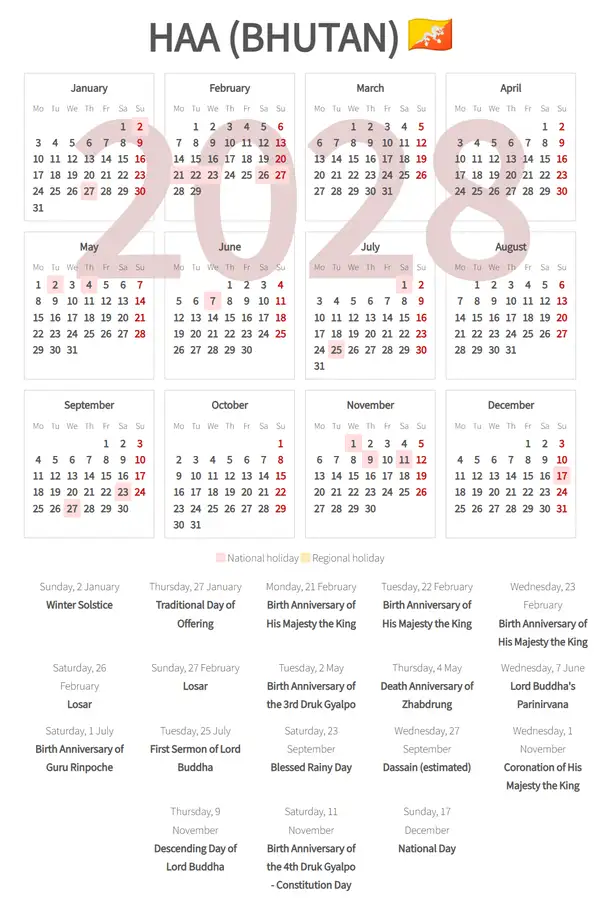 Work Calendar 2028, Haa (Bhutan)