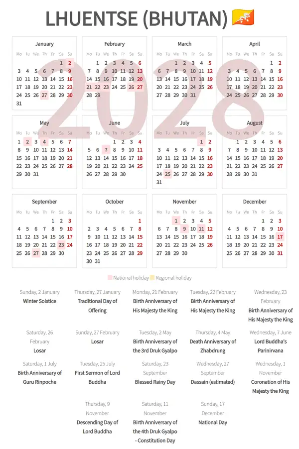 Work Calendar 2028, Lhuentse (Bhutan)