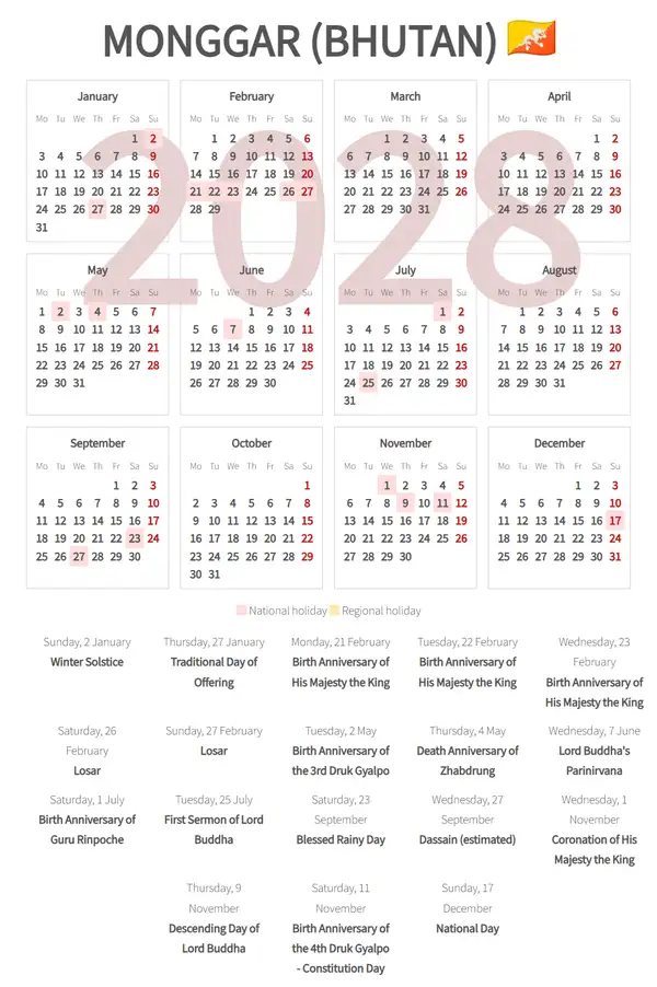 Work Calendar 2028, Monggar (Bhutan)