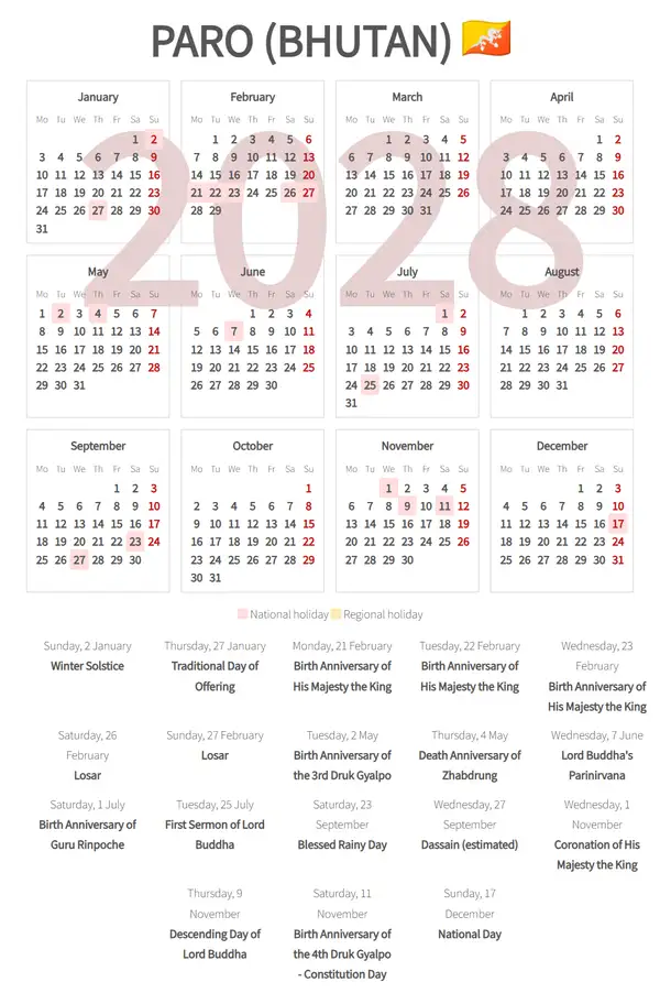 Work Calendar 2028, Paro (Bhutan)