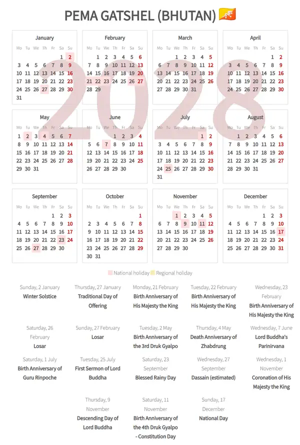 Work Calendar 2028, Pema gatshel (Bhutan)