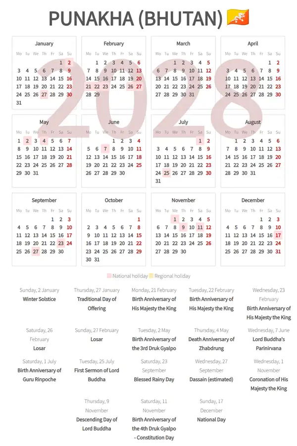 Work Calendar 2028, Punakha (Bhutan)