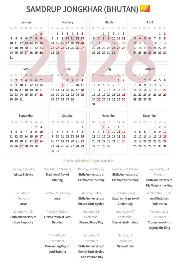 Work Calendar 2028, Samdrup jongkhar (Bhutan)