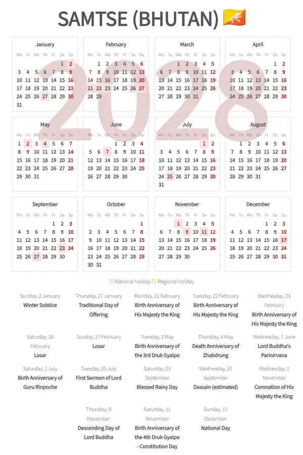 Work Calendar 2028, Samtse (Bhutan)