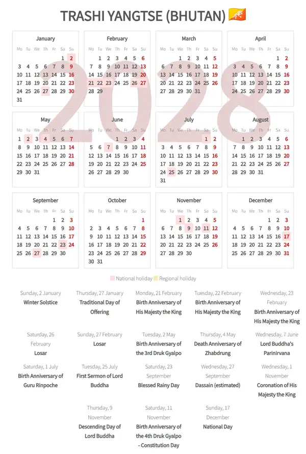 Work Calendar 2028, Trashi yangtse (Bhutan)