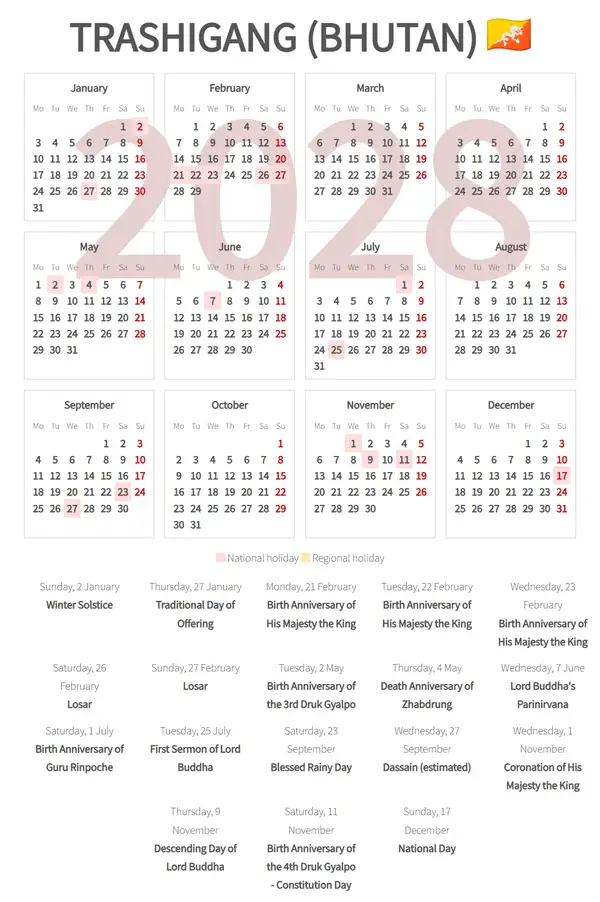 Work Calendar 2028, Trashigang (Bhutan)