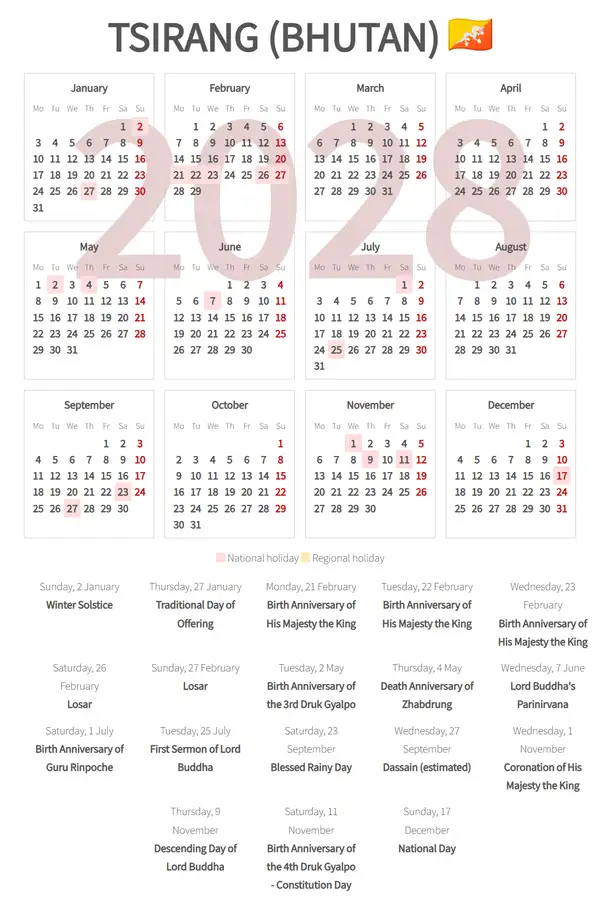 Work Calendar 2028, Tsirang (Bhutan)