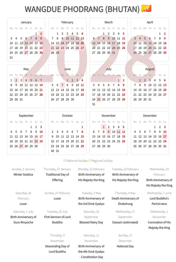 Work Calendar 2028, Wangdue phodrang (Bhutan)
