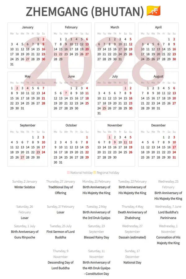 Work Calendar 2028, Zhemgang (Bhutan)
