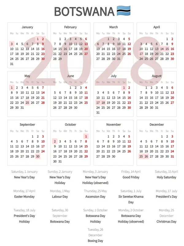 Work Calendar 2028, Botswana - Public Holidays