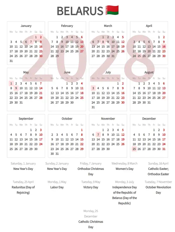 Work Calendar 2028, Belarus - Public Holidays