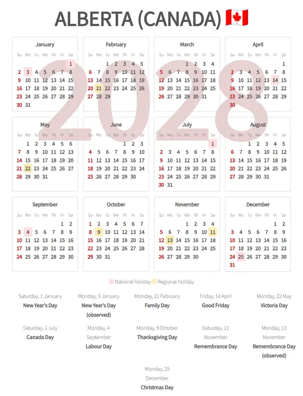 Work Calendar 2028, Alberta (Canada)