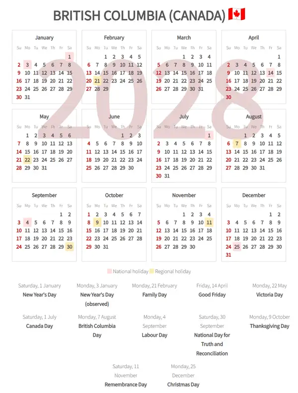 Work Calendar 2028, British columbia (Canada)