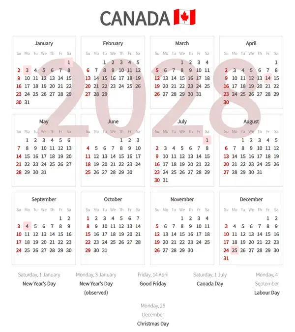 Work Calendar 2028, Canada - Public Holidays