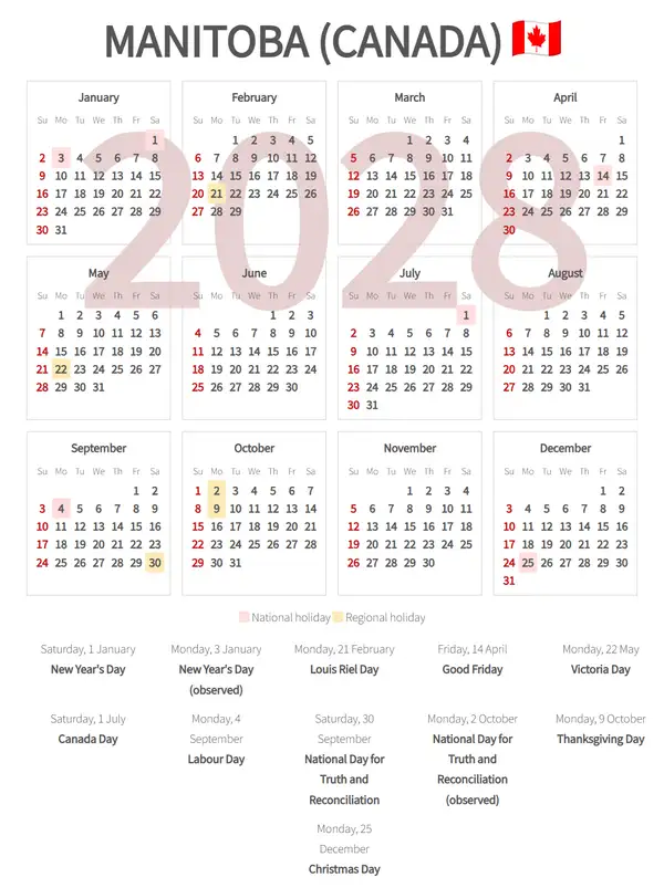 Work Calendar 2028, Manitoba (Canada)