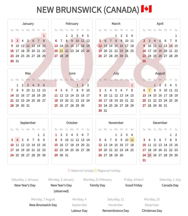 Work Calendar 2028, New brunswick (Canada)