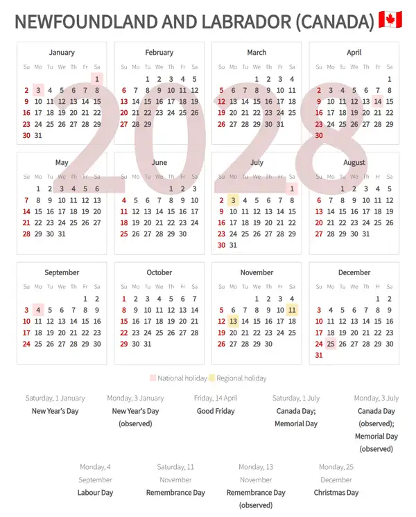 Work Calendar 2028, Newfoundland and labrador (Canada)