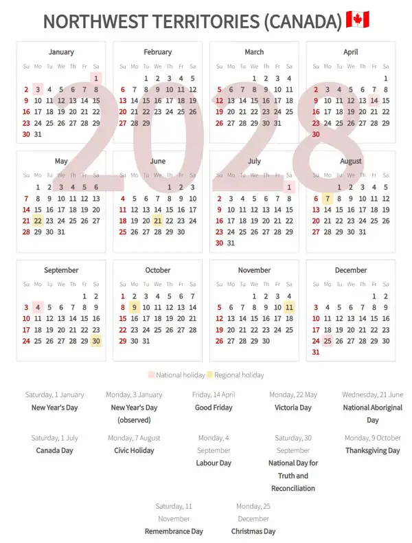 Work Calendar 2028, Northwest territories (Canada)