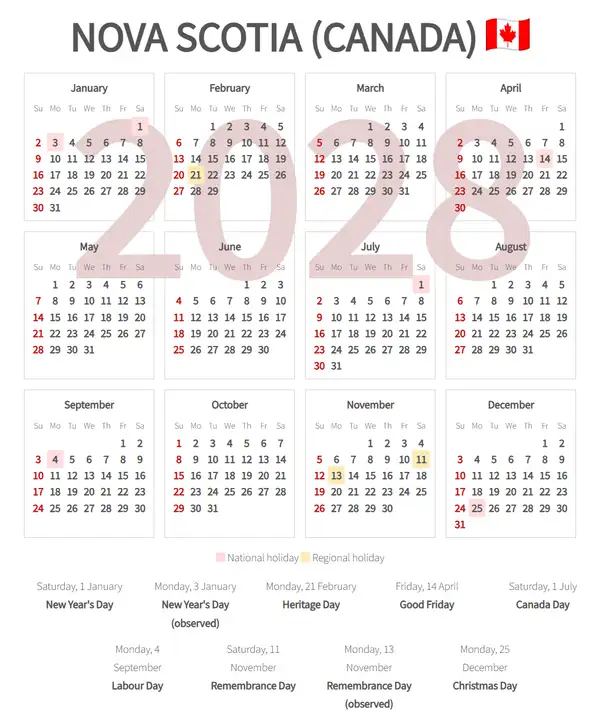 Work Calendar 2028, Nova scotia (Canada)
