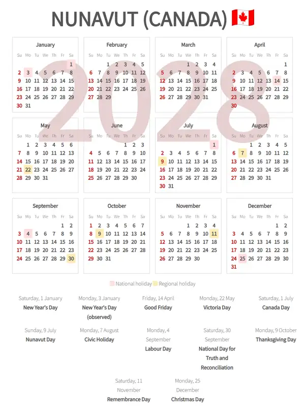Work Calendar 2028, Nunavut (Canada)