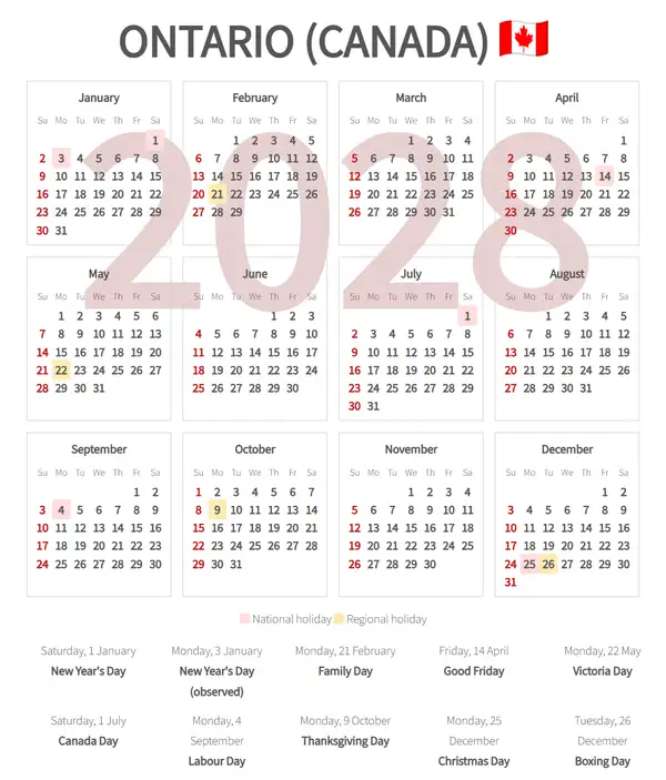 Work Calendar 2028, Ontario (Canada)