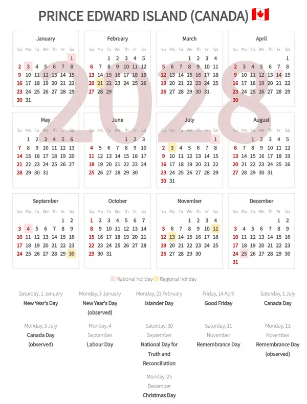 Work Calendar 2028, Prince edward island (Canada)