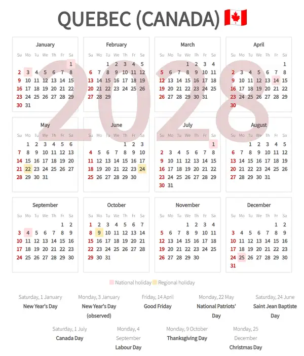 Work Calendar 2028, Quebec (Canada)