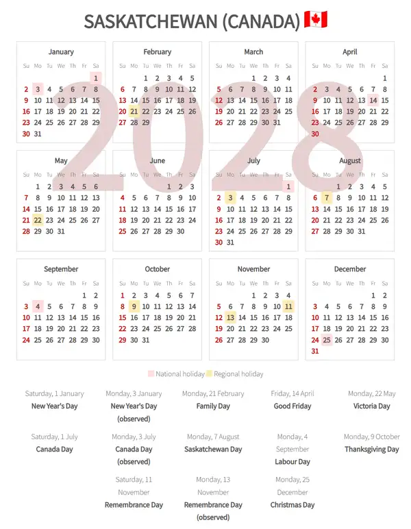 Work Calendar 2028, Saskatchewan (Canada)