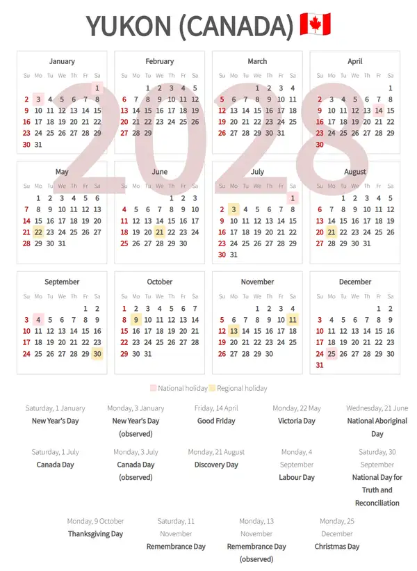 Work Calendar 2028, Yukon (Canada)