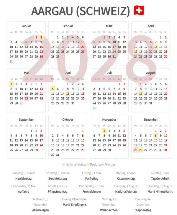 Arbeitskalender 2028, Aargau (Schweiz)