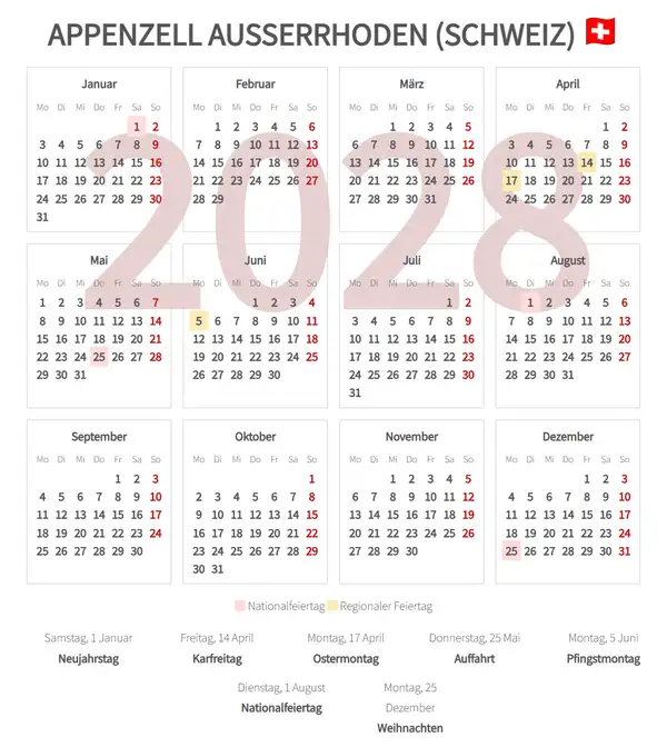 Arbeitskalender 2028, Appenzell ausserrhoden (Schweiz)