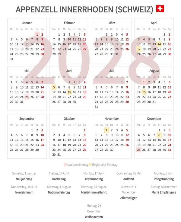 Arbeitskalender 2028, Appenzell innerrhoden (Schweiz)