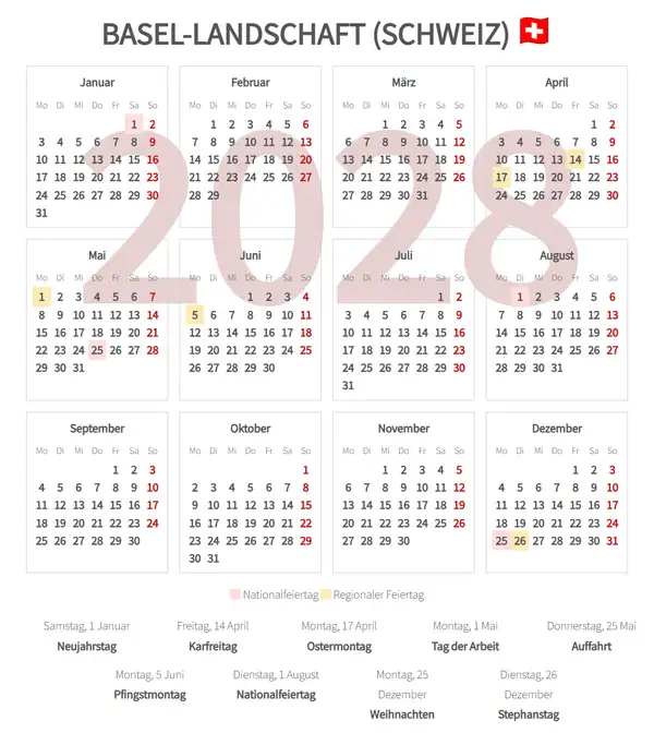 Arbeitskalender 2028, Basel-landschaft (Schweiz)