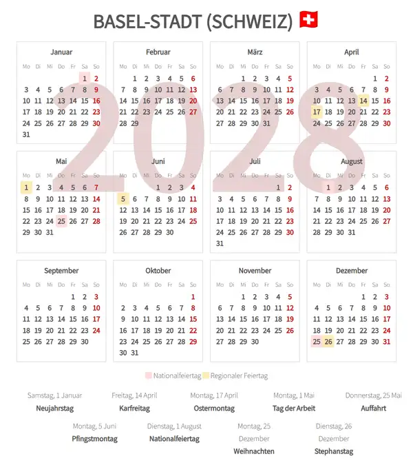 Arbeitskalender 2028, Basel-stadt (Schweiz)