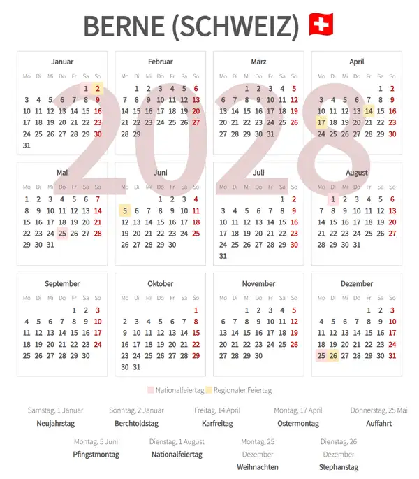 Arbeitskalender 2028, Berne (Schweiz)