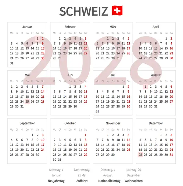 Arbeitskalender 2028 für Schweiz - Feiertage
